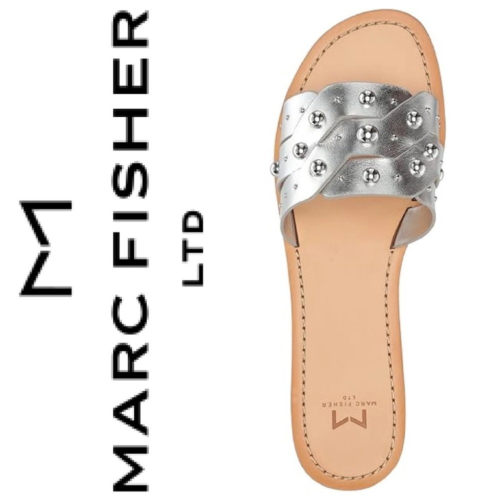 Marc Fisher Paxton Womens Size 10 Silver Studded Leather Flat Slide Sandals NWOB